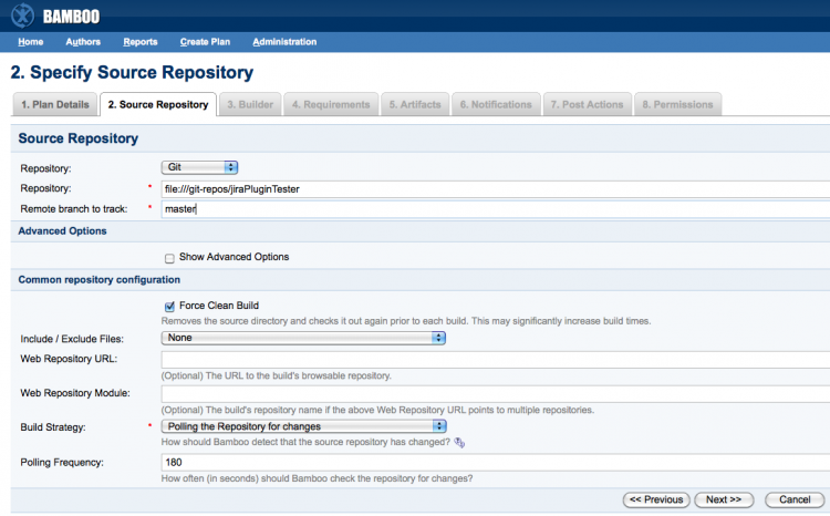 Select Git as the source repository for a Bamboo plan