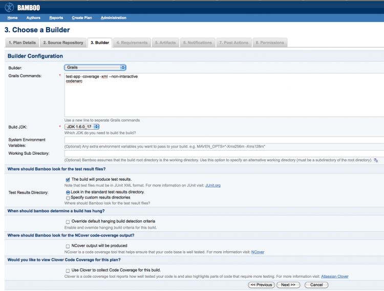 Select Grails as a builder and specifying which scripts to call for a Bamboo plan