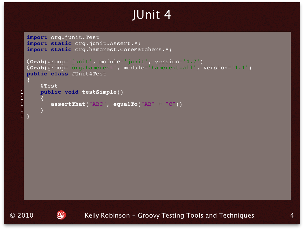 Code slide with JUnit4 and Hamcrest matcher example